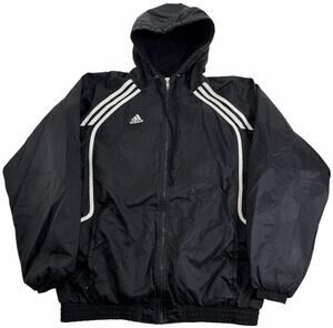 Vintage Adidas Puffer Full Zip Jacket Black Hooded Insulated 3 Stripe Men's Sz M